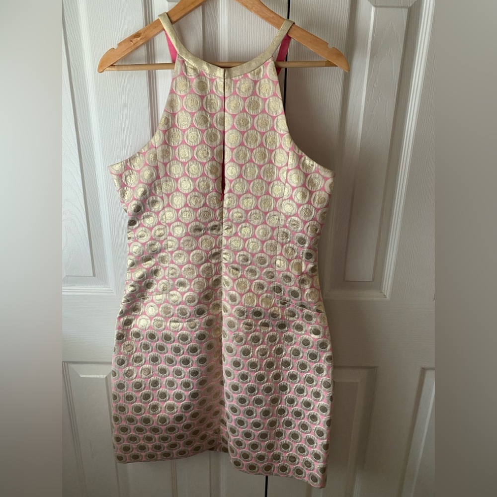 Lilly Pulitzer Pearl Halter Mini Shift Dress Pink Pop Dot Jacquard Metallic 12 - Picture 3 of 12